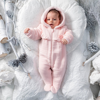 COZY HOODED BABY MUSLIN JUMPSUIT WITH SOFT INNER LINING AND ZIP CLOSURE - PINK, BEIGE & BROWN