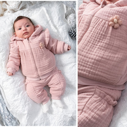 COZY HOODED BABY TWO-PIECE MUSLIN OUTFIT - JACKET AND PANTS SET WITH SOFT INNER LINING