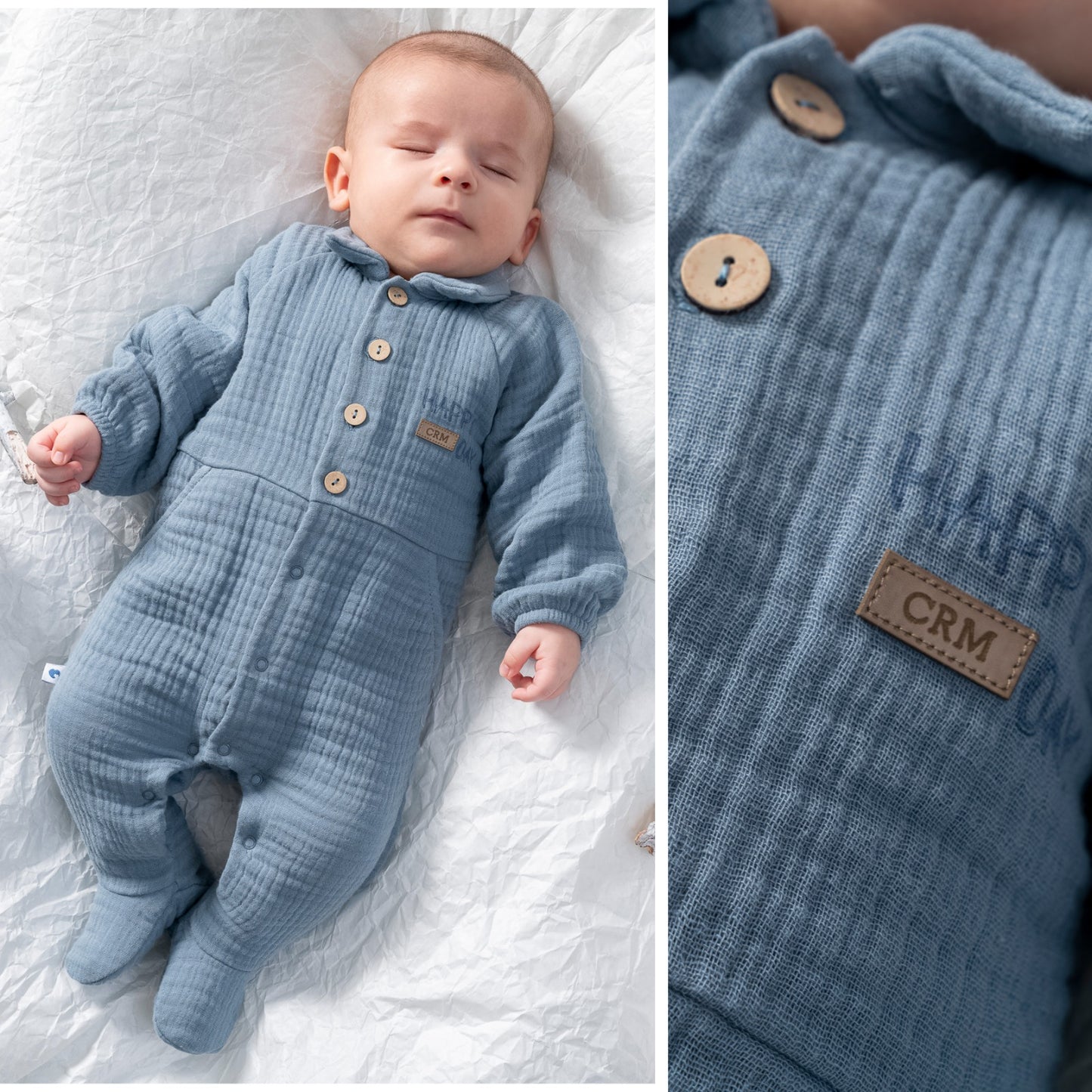 LIGHTWEIGHT CLASSIC BABY MUSLIN ROMPER WITH BUTTON-UP FRONT AND SNAP CLOSURE - BEIGE, GREY, NAVY & BROWN