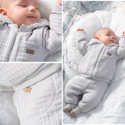 SNUGGLY WINTER BABY OUTFIT - FLEECE-LINED HOODED JACKET & PANTS SET IN COZY MUSLIN - NAVY, BEIGE, GREY & BROWN