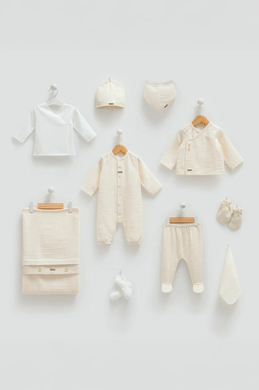 NEWBORN BABY 10-PIECE MUSLIN GIFT SET - BLUE & BEIGE