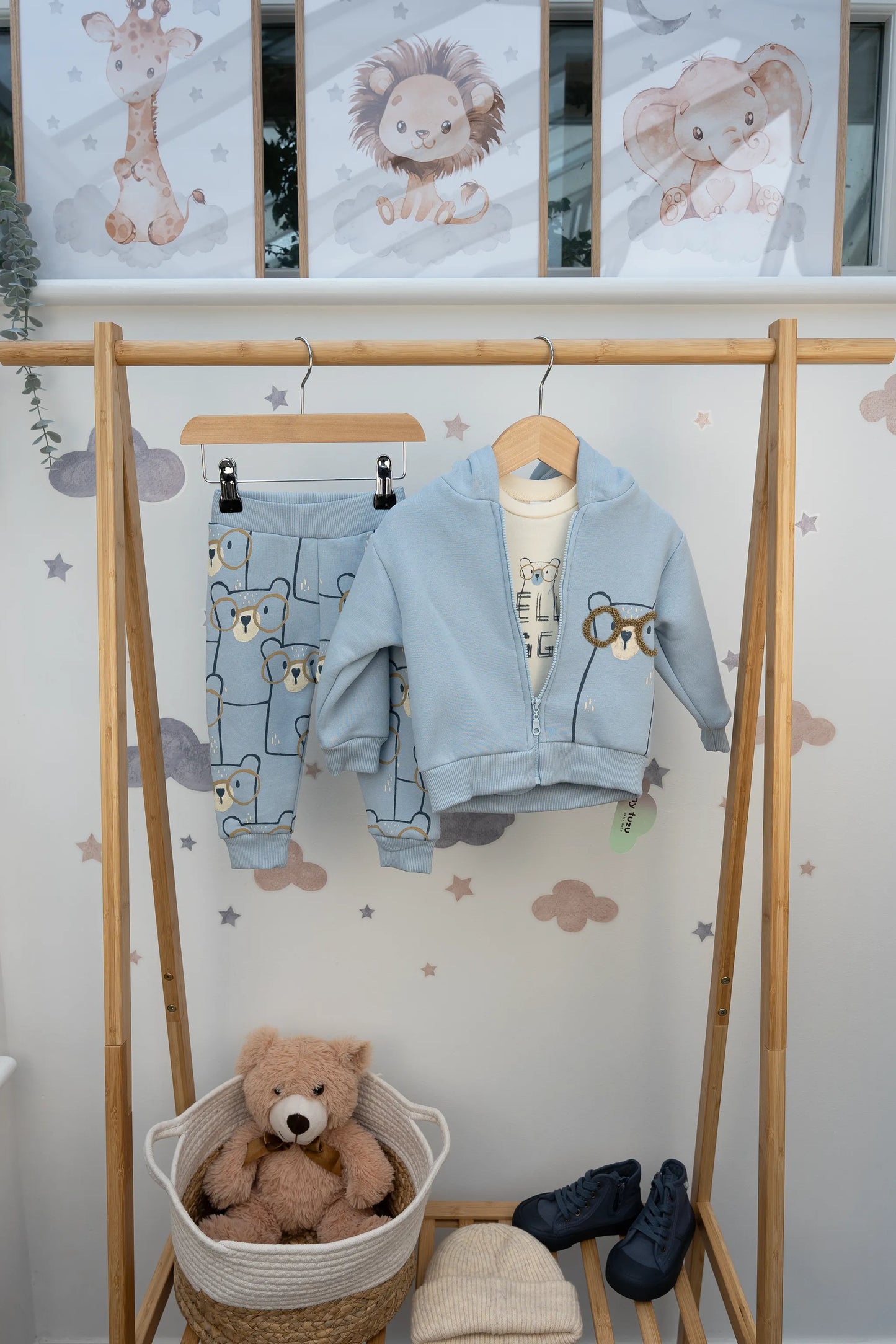 BEAR PRINT 3-PIECE HOODED JACKET, TROUSERS, AND T-SHIRT SET (6-24M)