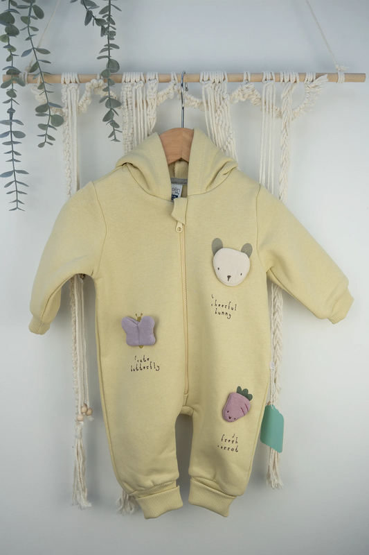 PINK & BEIGE HOODED BABY ROMPERS WITH 3D BUNNY, BUTTERFLY, AND CARROT DETAILS (3-18M)