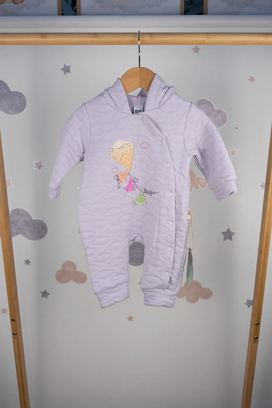 LILAC HOODED QUILTED BABY ROMPER WITH KITE EMBROIDERY (0-12M)
