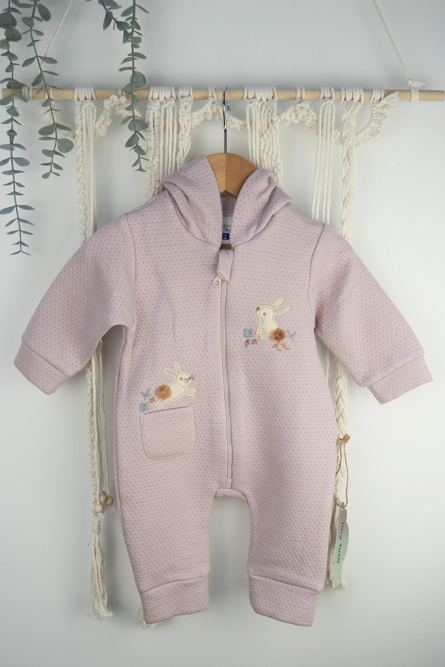 LILAC, PEACH & PURPLE HOODED BABY ROMPERS WITH BUNNY EARS AND EMBROIDERED DETAILS (0-12M)