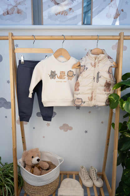 LITTLE ONE ANIMAL-PRINT 3-PIECE QUILTED OUTFIT SET – BEIGE & BLUE (6-24M)