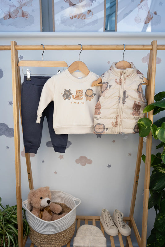 LITTLE ONE ANIMAL-PRINT 3-PIECE QUILTED OUTFIT SET – BEIGE & BLUE (6-24M)