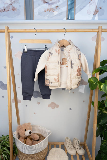 LITTLE ONE ANIMAL-PRINT 3-PIECE QUILTED OUTFIT SET – BEIGE & BLUE (6-24M)