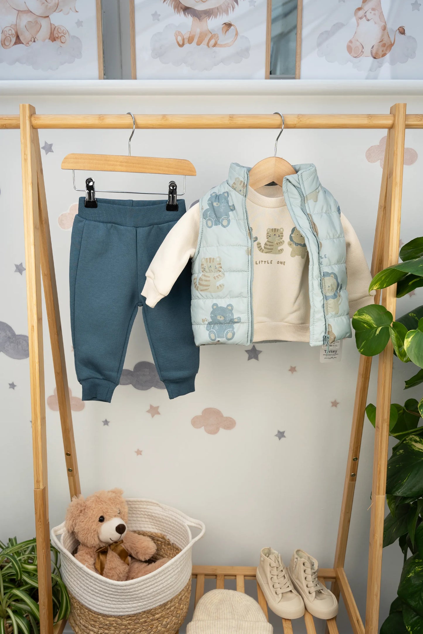 LITTLE ONE ANIMAL-PRINT 3-PIECE QUILTED OUTFIT SET – BEIGE & BLUE (6-24M)