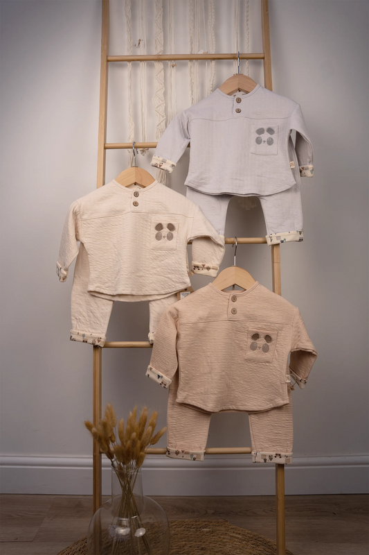 100% COTTON 2-PIECE BABY SET WITH PANDA EMBROIDERY & PRINTED CUFFS – GRAY, PEACH & BEIGE