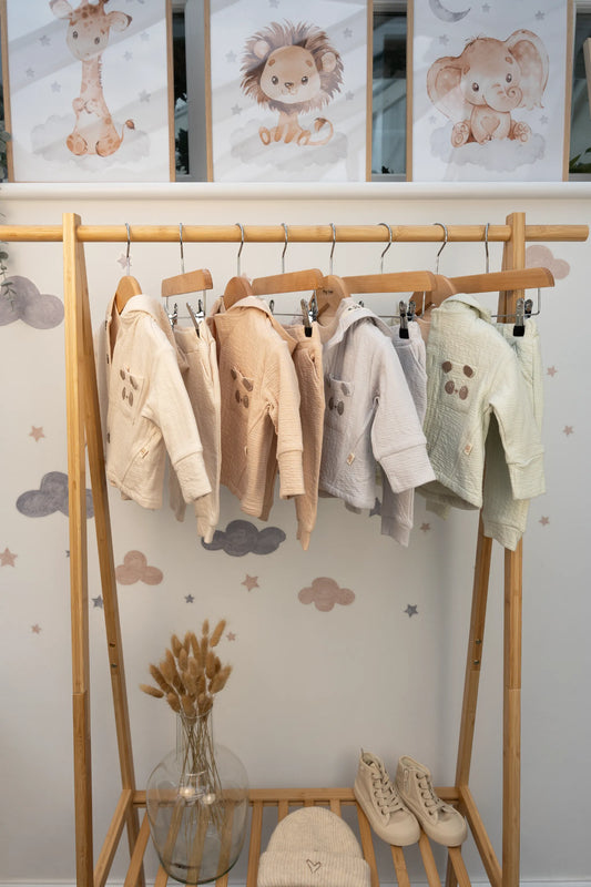 COTTON HOODED BABY OUTFIT SET IN GRAY, BEIGE, GREEN, AND PEACH (0-12M)