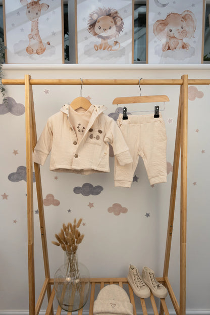 COTTON HOODED BABY OUTFIT SET IN GRAY, BEIGE, GREEN, AND PEACH (0-12M)