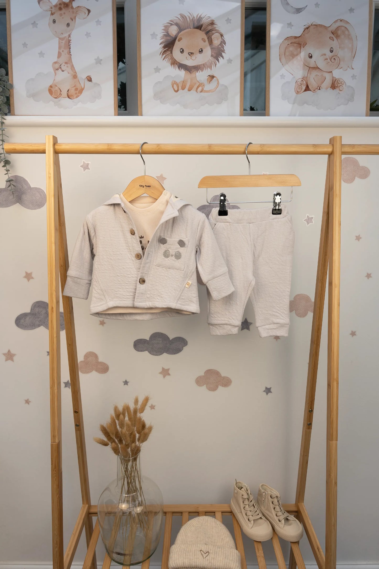 COTTON HOODED BABY OUTFIT SET IN GRAY, BEIGE, GREEN, AND PEACH (0-12M)