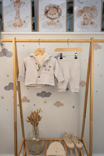 COTTON HOODED BABY OUTFIT SET IN GRAY, BEIGE, GREEN, AND PEACH (0-12M)