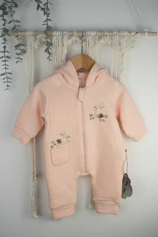LILAC, PEACH & PURPLE HOODED BABY ROMPERS WITH BUNNY EARS AND EMBROIDERED DETAILS (0-12M)