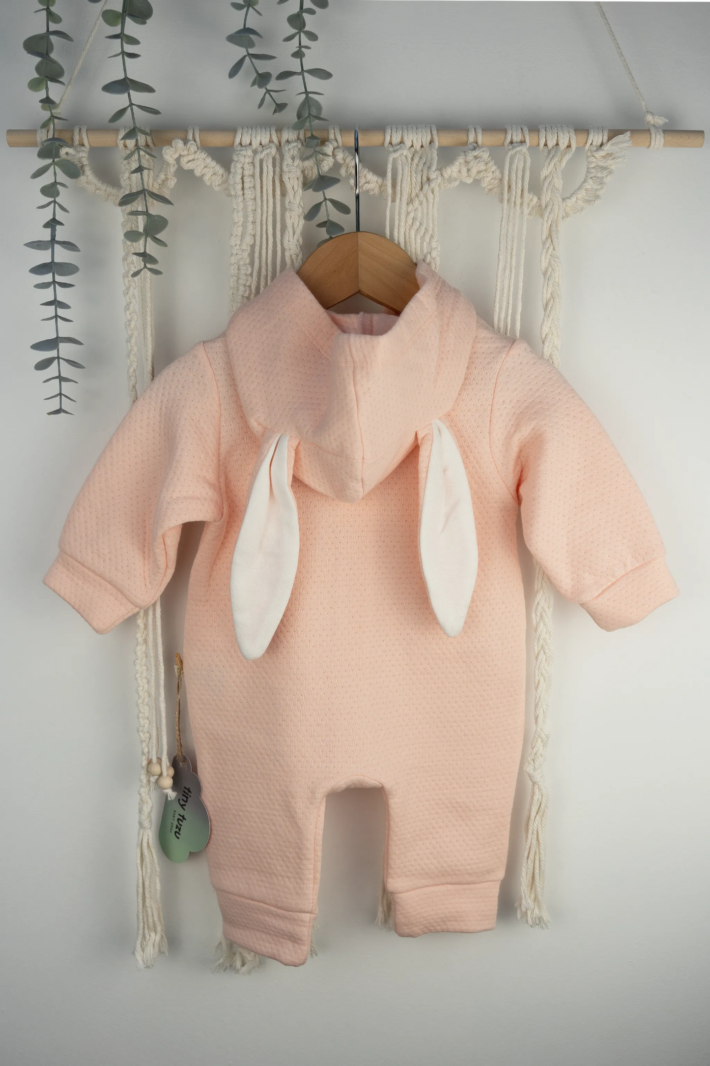 LILAC, PEACH & PURPLE HOODED BABY ROMPERS WITH BUNNY EARS AND EMBROIDERED DETAILS (0-12M)