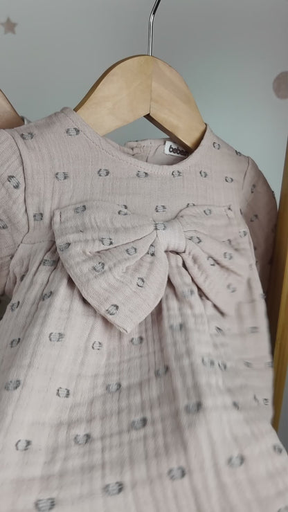 DELICATE BABY GIRL DRESS WITH BOW ACCENT - AVAILABLE IN CHARCOAL, WHITE, PINK, AND BEIGE
