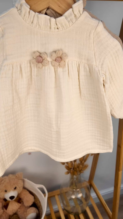 ADORABLE BABY MUSLIN JUMPSUIT WITH RUFFLED COLLAR AND SNAP BOTTOMS - PINK, BEIGE & BROWN