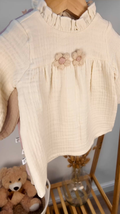CHARMING LONG-SLEEVE BABY MUSLIN DRESS WITH RUFFLE NECKLINE - PINK, BEIGE & BROWN