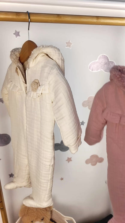 COZY HOODED BABY MUSLIN JUMPSUIT WITH SOFT INNER LINING AND ZIP CLOSURE - PINK, BEIGE & BROWN