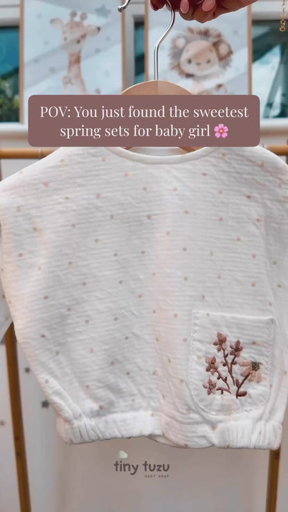 100% COTTON 2-PIECE BABY SET WITH POLKA DOTS & EMBROIDERED FLOWER – MULTIPLE COLORS