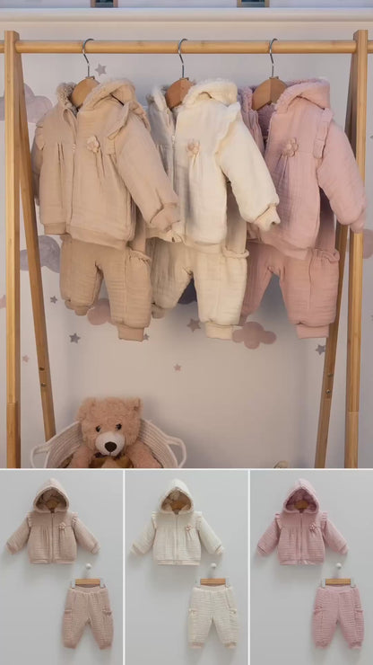 COZY HOODED BABY TWO-PIECE MUSLIN OUTFIT - JACKET AND PANTS SET WITH SOFT INNER LINING