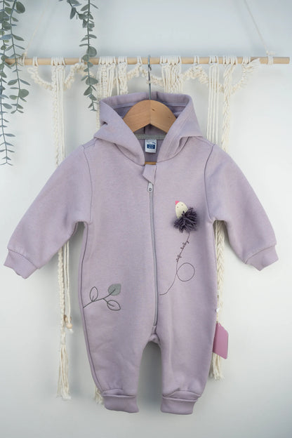 LILAC & SALMON HOODED BABY ROMPERS WITH EMBROIDERED BIRD & LEAF DESIGN (3-18M)