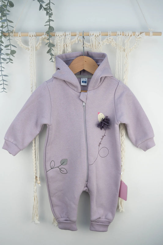 LILAC & SALMON HOODED BABY ROMPERS WITH EMBROIDERED BIRD & LEAF DESIGN (3-18M)