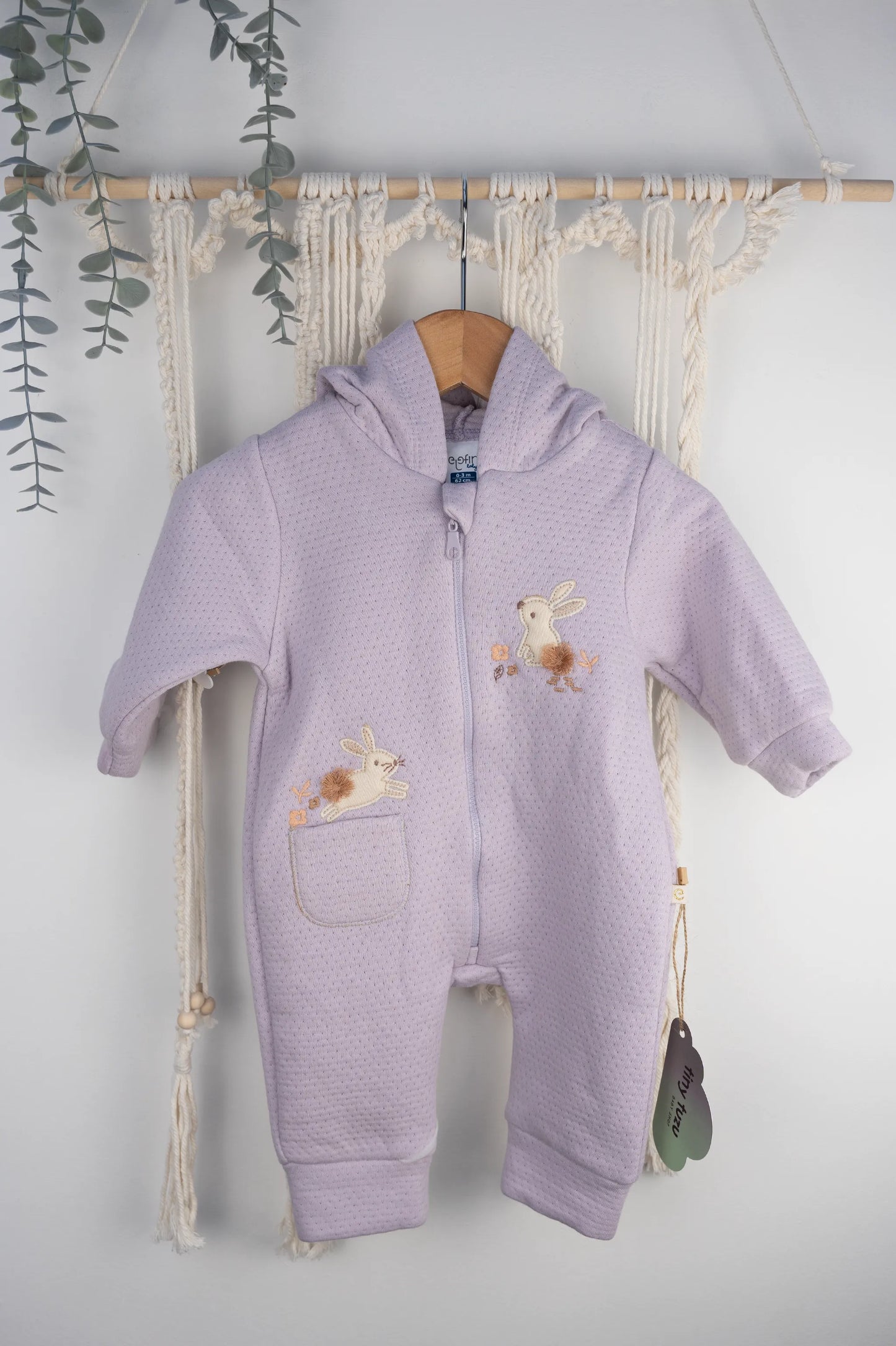 LILAC, PEACH & PURPLE HOODED BABY ROMPERS WITH BUNNY EARS AND EMBROIDERED DETAILS (0-12M)