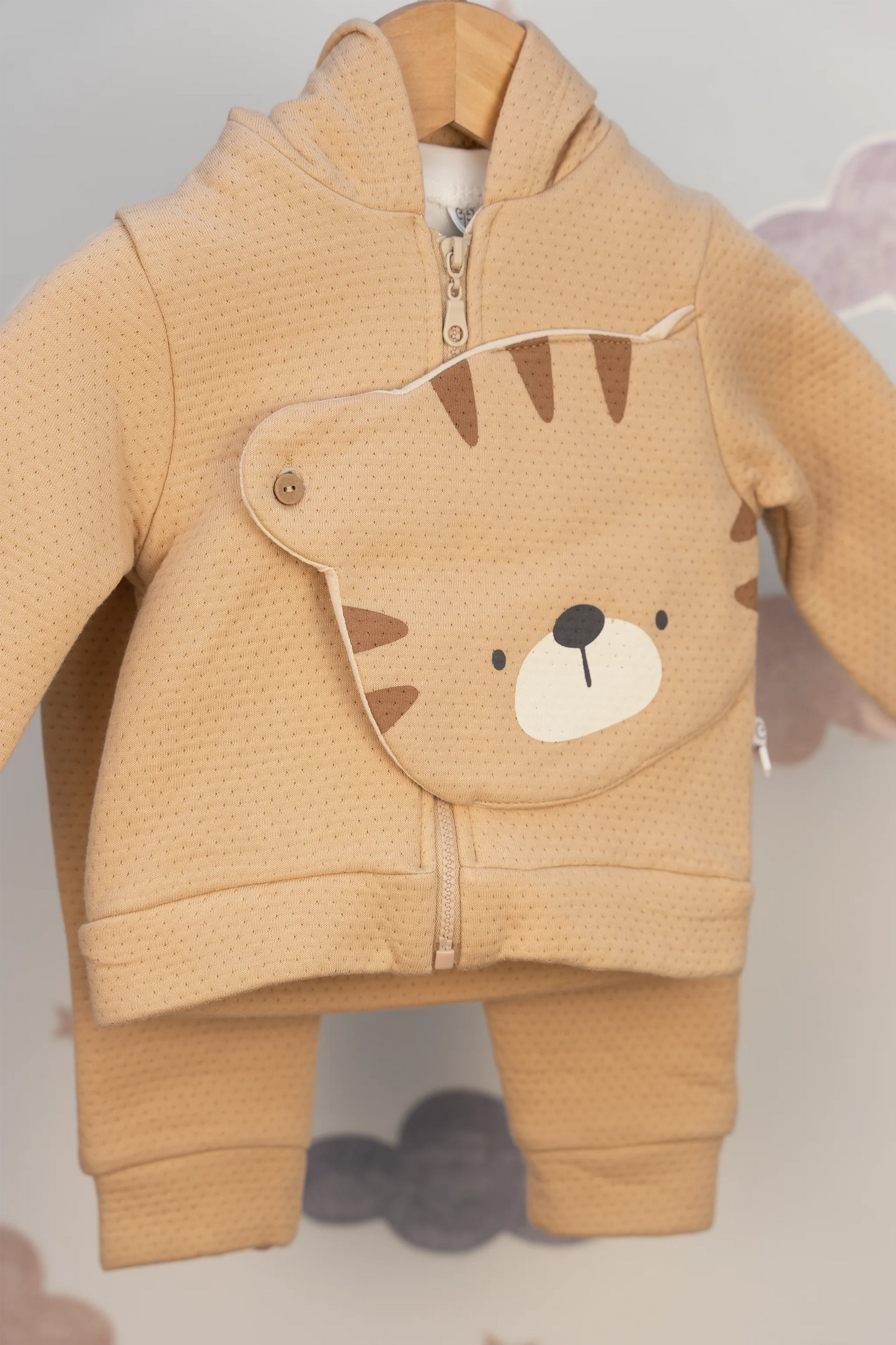 BROWN & GREY HOODED TIGER FACE BABY SWEATSHIRT AND JOGGER SET (3-18M)