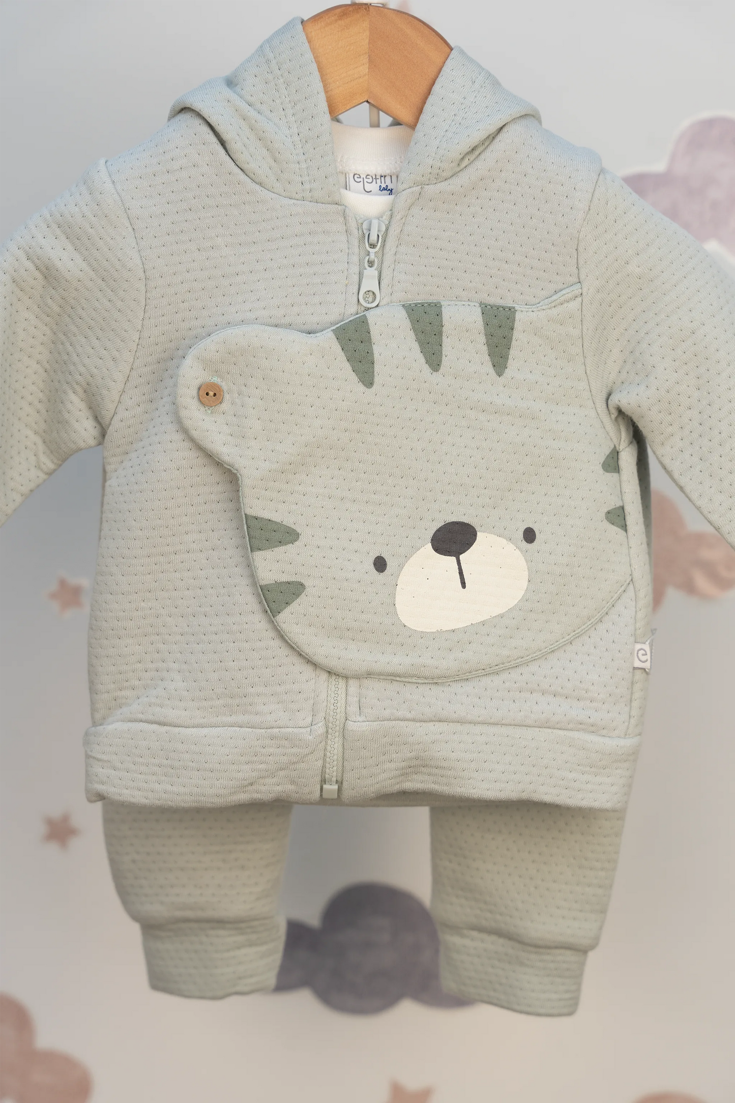BROWN & GREY HOODED TIGER FACE BABY SWEATSHIRT AND JOGGER SET (3-18M)