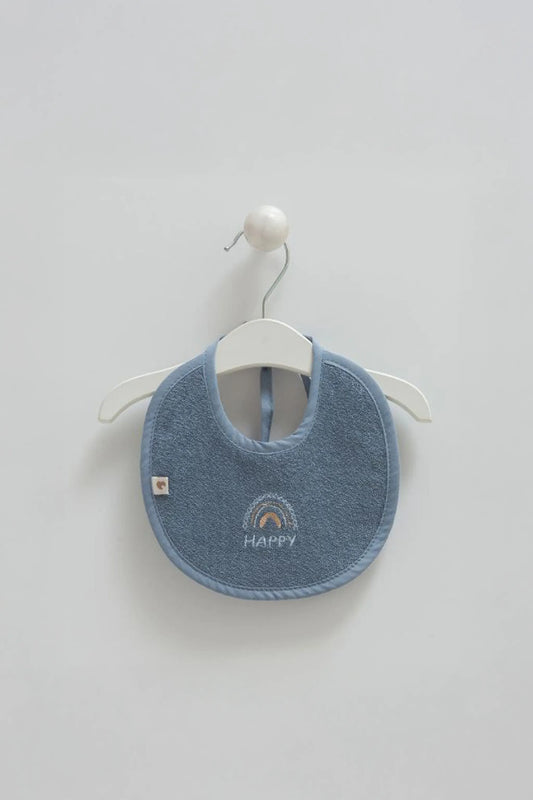 RAINBOW EMBROIDERED TOWEL BIB IN NAVY, BROWN AND GREY